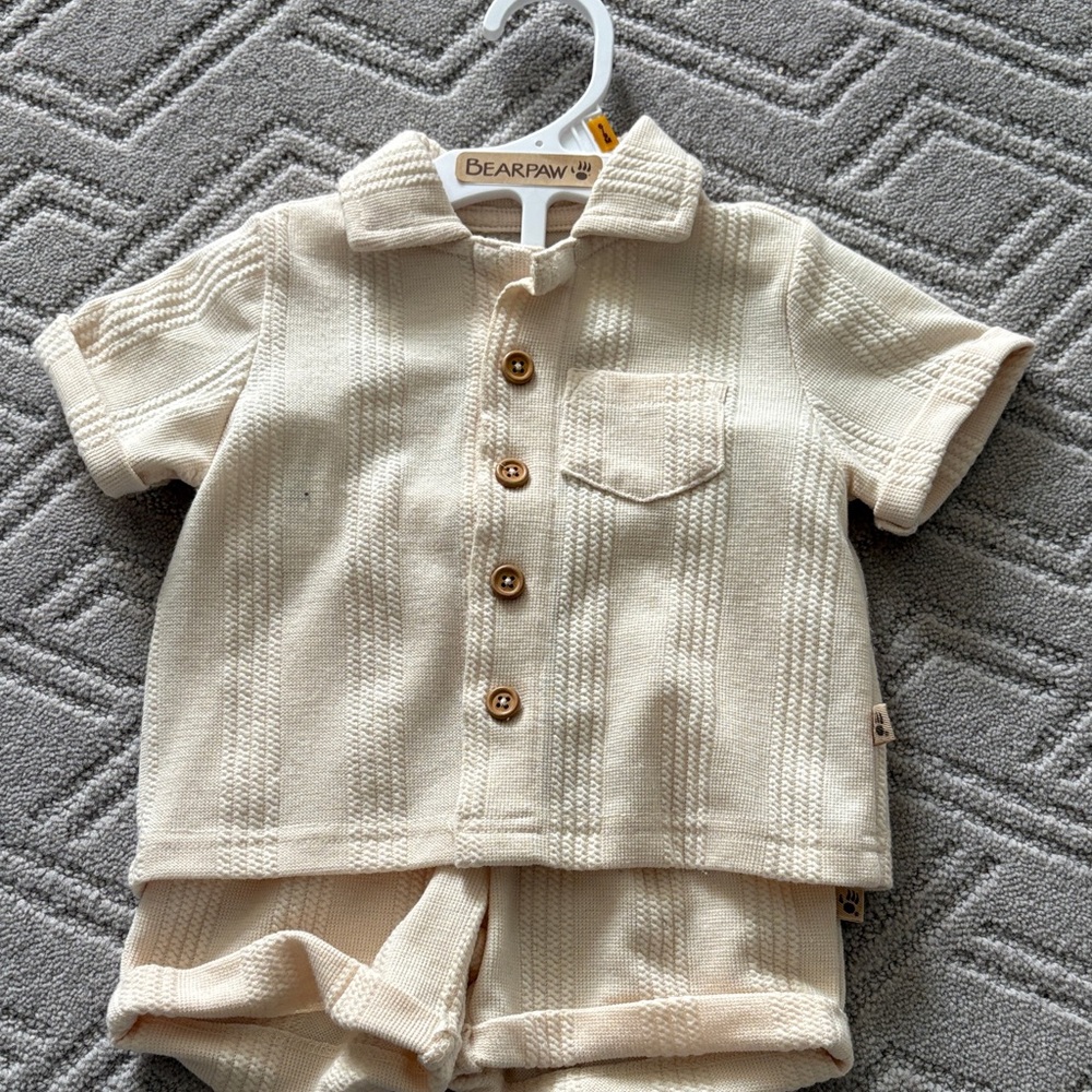 BearPaw Cream Knit Button-Up Top and Shorts